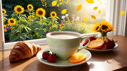 Obraz na płótnie A beautiful, cozy morning scene with beautiful lighting in highly detailed 4K resolution. A warm wooden table by the window with a light pastel coffee cup featuring an elegant white floral pattern w salonie