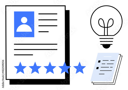 Bilde på lerret Profile document with a photo and five-star rating, light bulb idea symbol, and additional pages