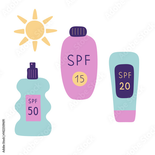 Doodle with sunscreens SPF and sun on isolated background. Hand drawn coloured vector illustration with summer different protection creams in flat style. Design element for sign, logo, print, card