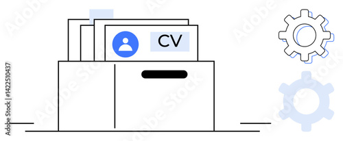 Filing box containing CVs with profile icons, accompanied by mechanical gears symbolizing optimization. Ideal for HR, recruitment, job search, database management, process automation, organization
