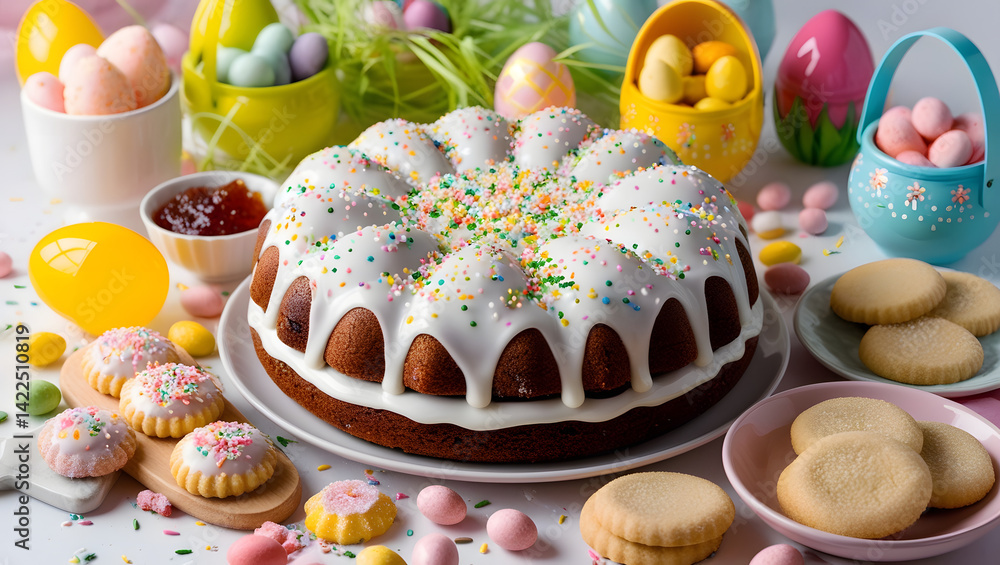 A festive Easter composition featuring a traditional Ukrainian Easter cake (paska or kulich) decorated with white glaze and colorful sprinkles, surrounded by various sweets and treats. Include sugar
