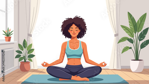 Peaceful vector illustration of woman doing yoga pose. Ideal for fitness apps, wellness blogs, and meditation content. Balanced silhouette.