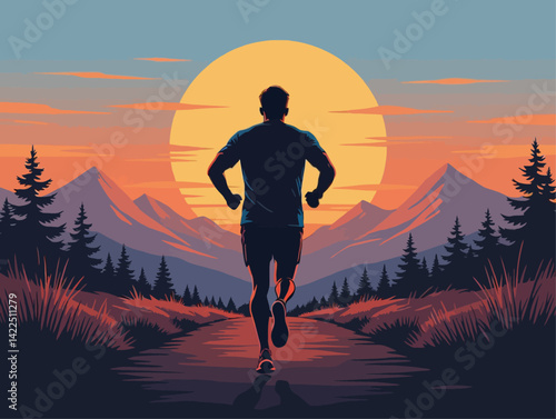 Active vector illustration of man jogging in park. Ideal for sports brands, fitness apps, and health campaigns. Motion lines for energy.