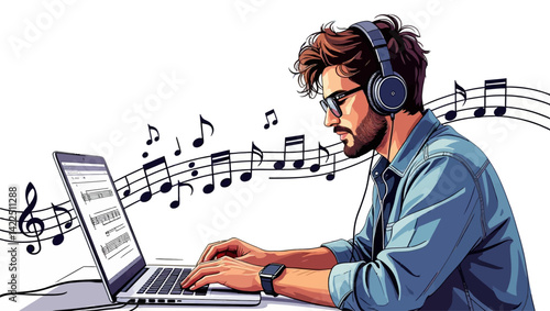Creative vector illustration of musician at laptop. Perfect for audio software, music schools, and producer merch. Headphones and keyboard.
