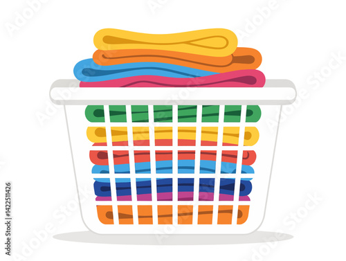 Clean vector illustration of wicker laundry basket with folded clothes. Ideal for home organization, cleaning services, and domestic themes. Neutral tones.