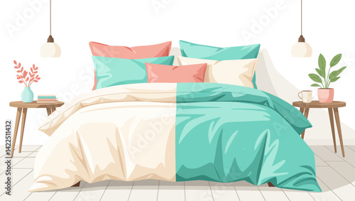 Minimalist vector illustration of made bed with fluffy pillows. Great for hotel branding, sleep products, and bedroom decor. Soft pastel color scheme.