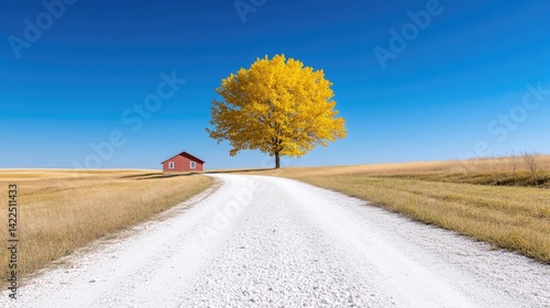Gravel Road Golden Tree and House Vibrant autumnal style High definition sharp focus Landscape wide shot Autumnal serenity scene Rural farmland background Warm sunny hues Ideal for nature calendars