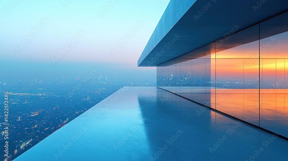 Fototapeta premium Modern building rooftop, city lights at dusk