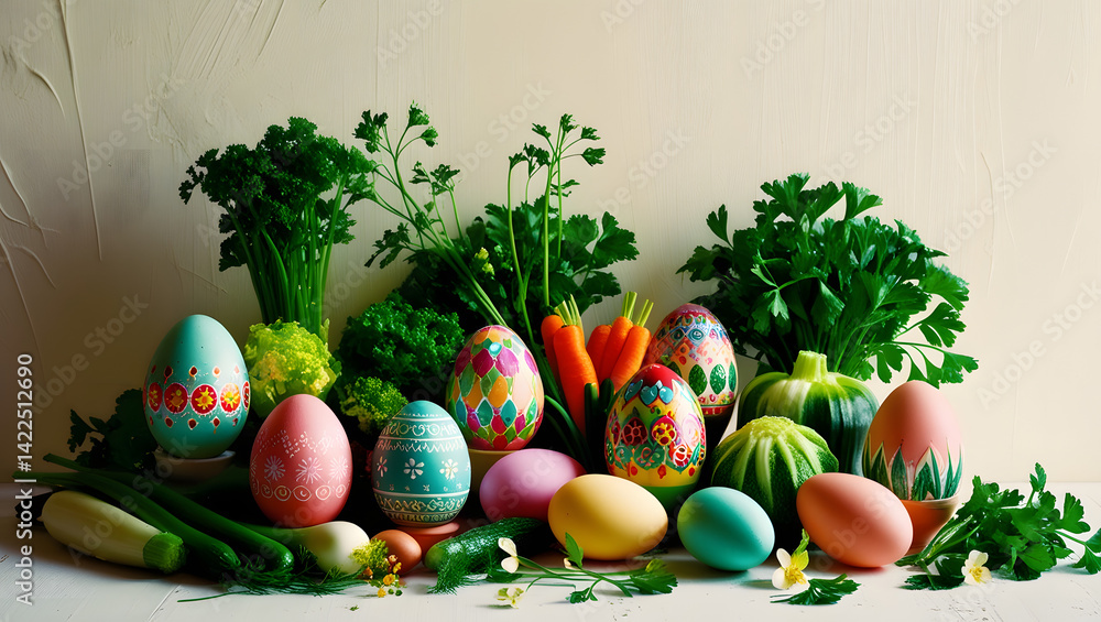 A vibrant and colorful still life composition featuring a collection of decorated Easter eggs, fresh vegetables, and lush greenery, set against a soft, creamy white background, with gentle, warm light