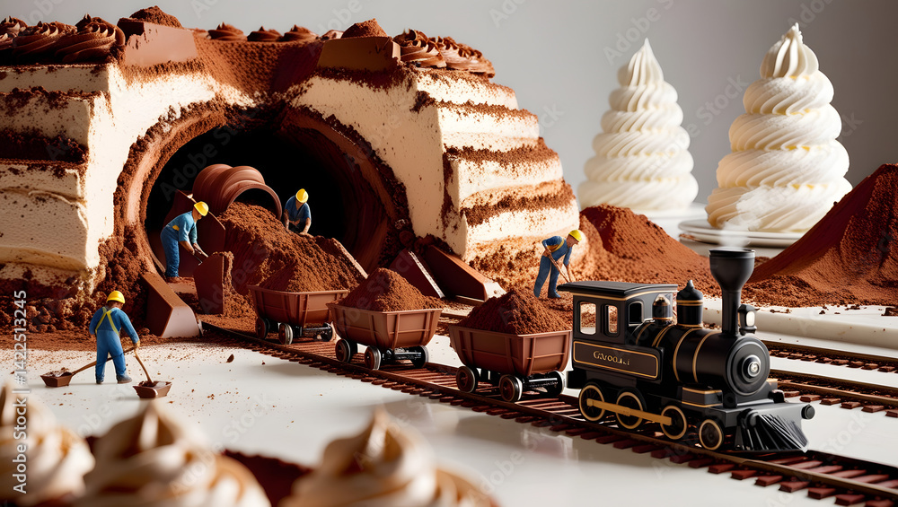 A mesmerizing and ultra-detailed 3D render of a surreal dessert-themed construction site where a giant tiramisu cake is being mined like a chocolate quarry. Miniature workers, dressed in construction