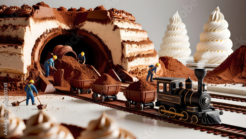 Obraz na płótnie A mesmerizing and ultra-detailed 3D render of a surreal dessert-themed construction site where a giant tiramisu cake is being mined like a chocolate quarry. Miniature workers, dressed in construction w salonie