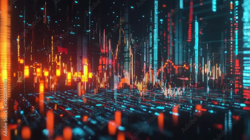 Abstract digital cityscape of data streams and charts. Abstract digital cityscape of data streams and charts.