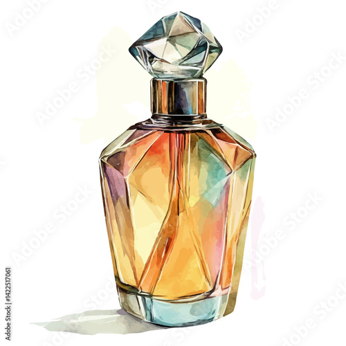 Perfume Bottle Shaped Like A Crystal, watercolor vector, isolated on a white background.