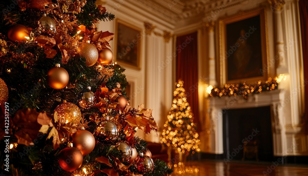 Ornate Christmas trees in grand hall Ornate Christmas trees in grand hall