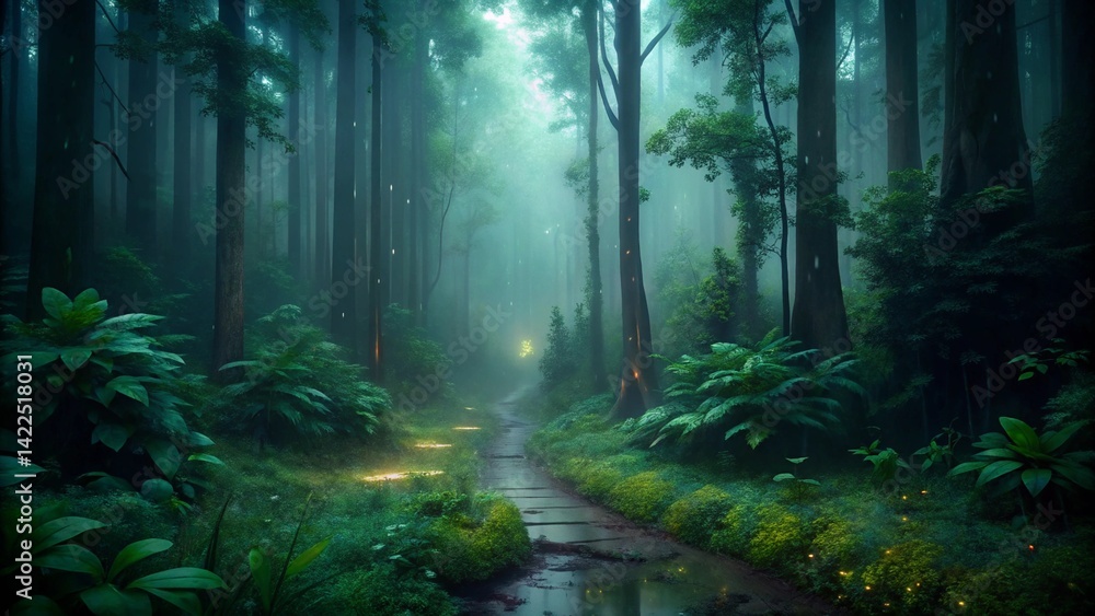 Obraz premium A narrow forest trail in the middle of a rainy day, with droplets on green leaves and mist rising from the ground. Moody atmosphere