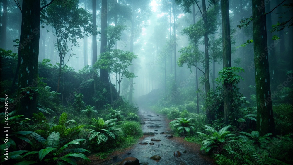 Obraz premium A narrow forest trail in the middle of a rainy day, with droplets on green leaves and mist rising from the ground. Moody atmosphere