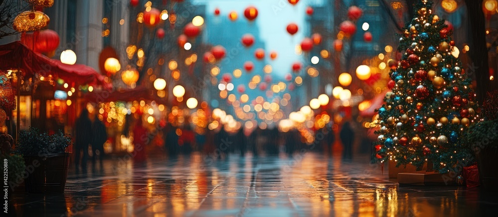 Obraz premium Festive City Street at Night with Christmas Tree