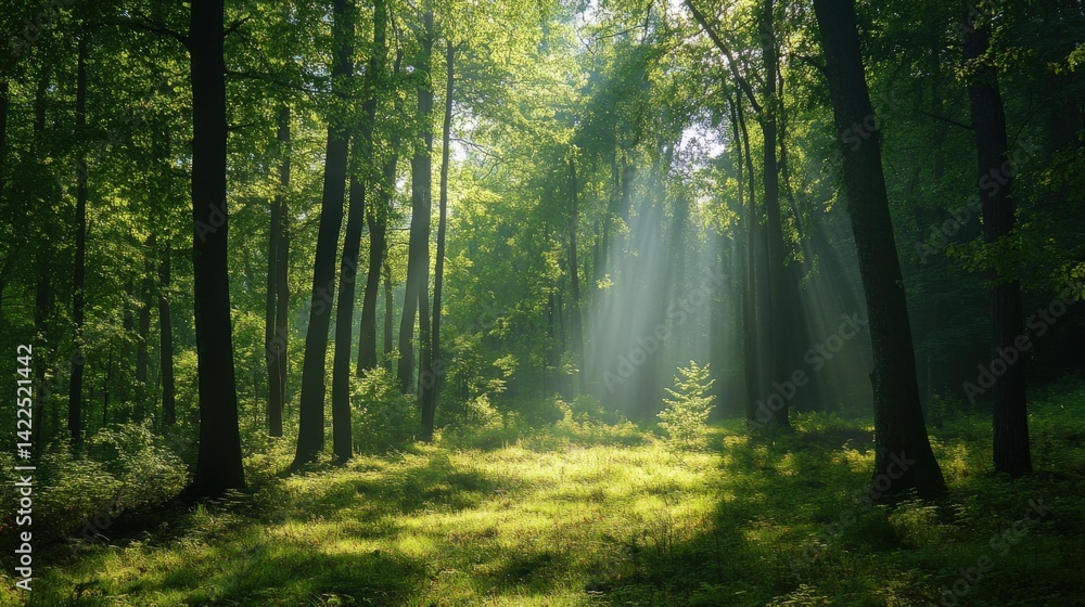 Sunlight streams through the lush green trees in the forest Sunlight streams through the lush green trees in the forest