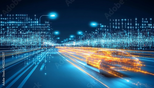 Futuristic Car on Digital Highway