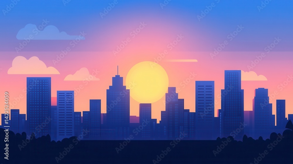 Vibrant Sunset Over City Skyline with Silhouetted Buildings and Clouds Vibrant Sunset Over City Skyline with Silhouetted Buildings and Clouds