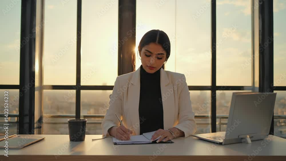 Young professional woman writing in notebook with laptop computer on a desk in modern office at sunrise. Young professional woman writing in notebook with laptop computer on a desk in modern office at sunrise.