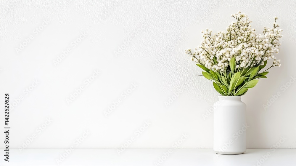 Naklejka premium A white vase filled with delicate white flowers and green leaves on a minimalist white surface, simple and elegant floral arrangement, and indoor setting.