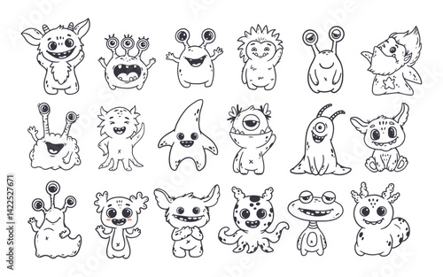 set of cartoon monsters. Cute monsters in doodle style. Kids funny character design for posters, cards, magazins. Line. Vector illustration
