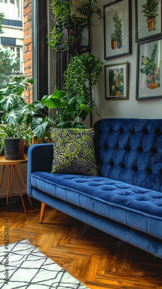 Fototapeta premium Room with blue couch and plants and art prints
