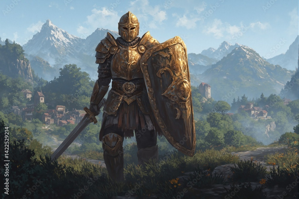 Naklejka premium pixel art of golden legendary paladin,retro,fantasy,rpg,church,holy,warrior