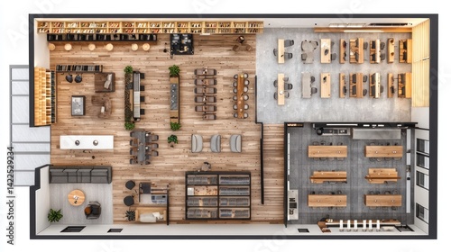 Modern Office Space Design: Top-Down View of a Spacious and Efficient Workspace with Library and Collaborative Areas