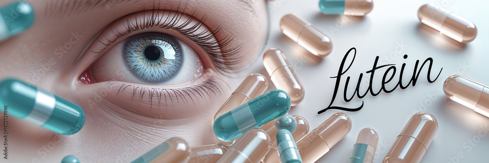 close up of female eye, lutein capsule