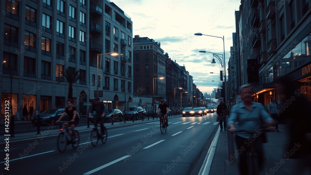 Fototapeta premium Evening Cityscape with Cyclists - Urban Scene for Lifestyle Blogs and City Guides, Exploring Daily