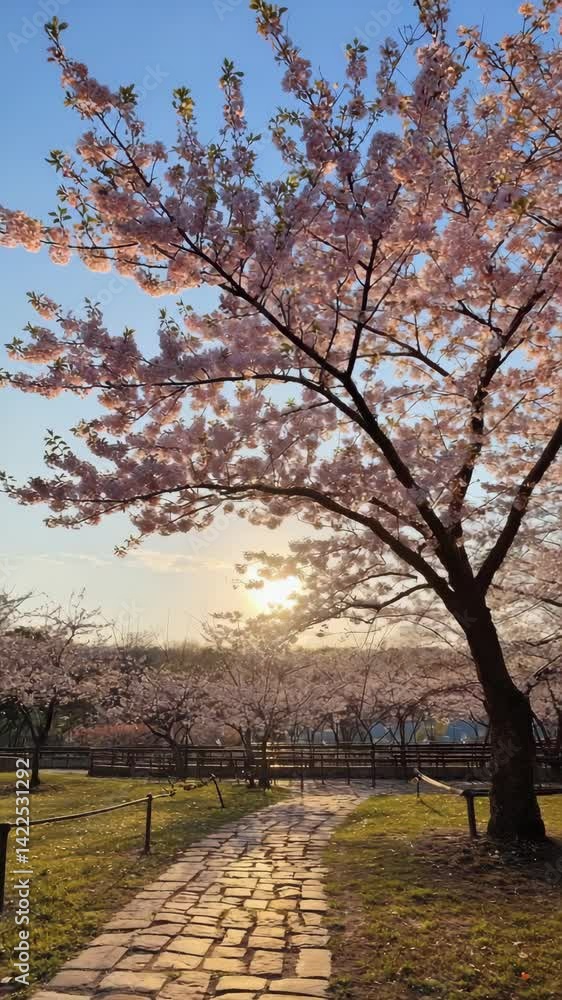 Blossoming pink trees line cobblestone path at sunset, creating a serene park atmosphere with clear blue skies