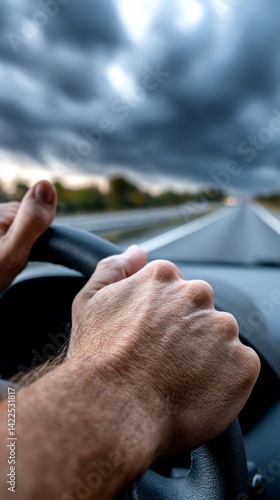 Driving hands on steering wheel, storm clouds ahead