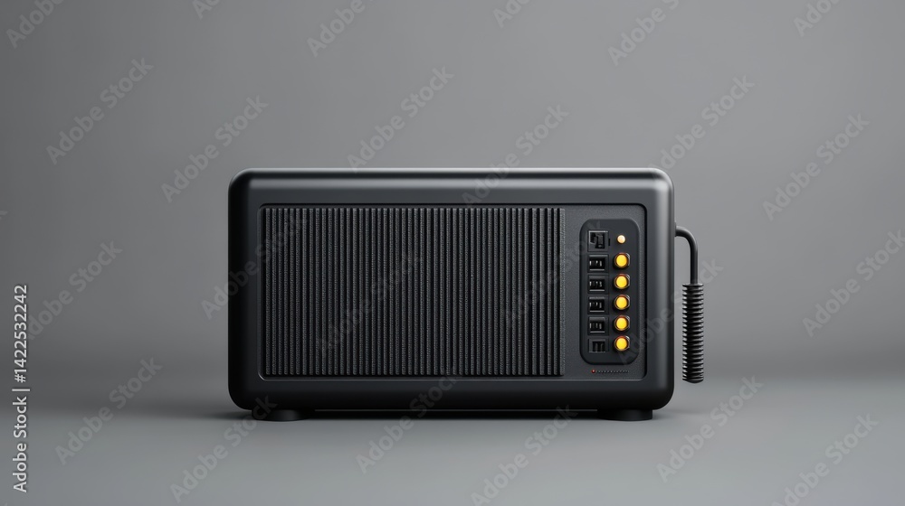 Modern Black Router with Ethernet Ports and Power Connection on Gray Background Modern Black Router with Ethernet Ports and Power Connection on Gray Background