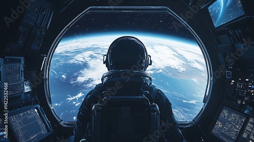Fototapeta Naklejka Na Ścianę i Meble -  Astronaut gazes at Earth from a futuristic spacecraft cockpit.