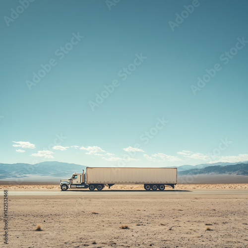 Step deck truck parked at the edge of a desert under the midday sun shot with a high aperture and fast shutter speed to capture the harsh light and vast emptiness photo