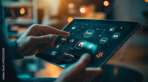 Wallpaper Mural Man using tablet to control smart home system by selecting weather icon in modern living room Torontodigital.ca