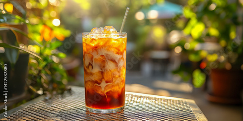 Enjoying refreshing iced coffee at a bustling cafe table surrounded by vibrant greenery
