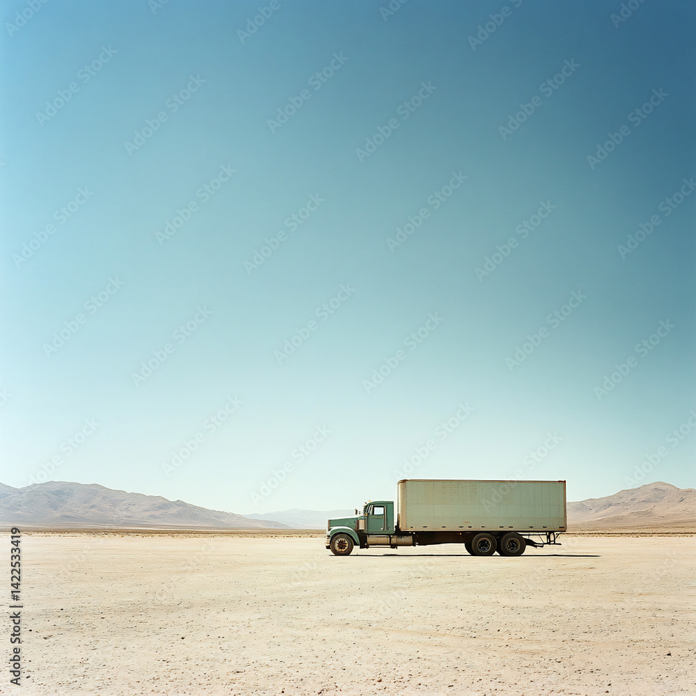 Fototapeta premium Step deck truck parked at the edge of a desert under the midday sun shot with a high aperture and fast shutter speed to capture the harsh light and vast emptiness