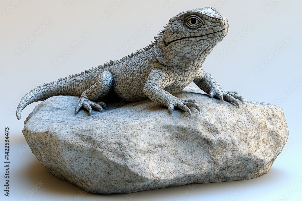 Fototapeta premium Sculpted lizard perched atop a weathered rock.