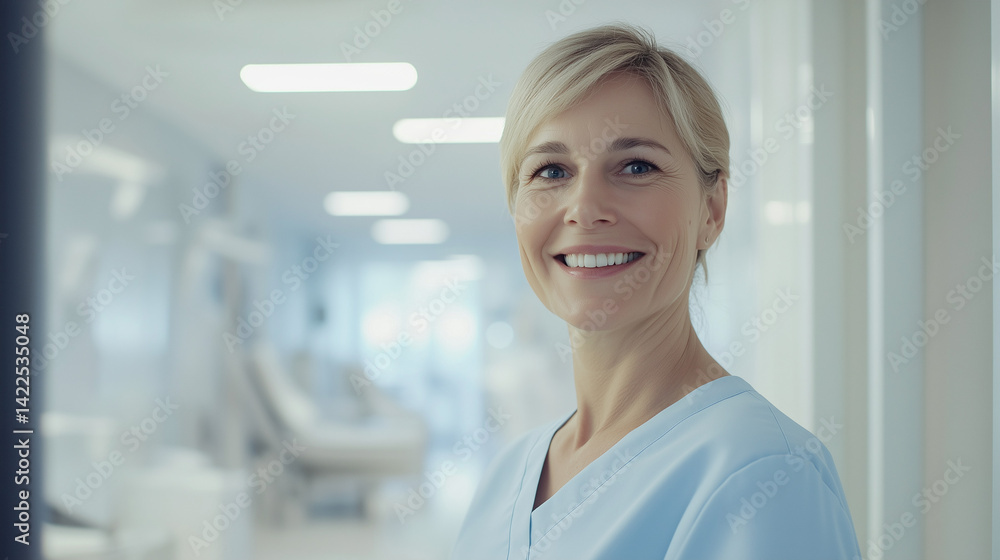 Fototapeta premium Smiling nurse in blue scrubs standing in hospital corridor