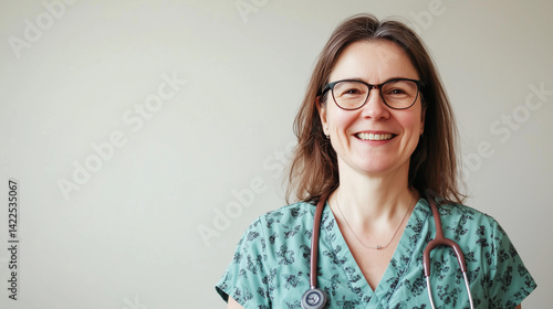 Female nurse with stethoscope smiling against light wall