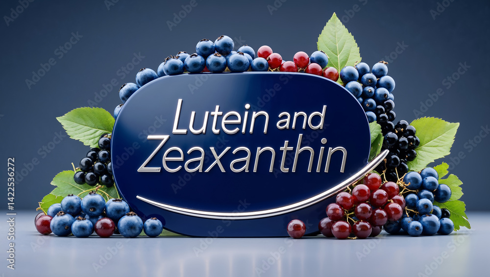 lutein and zeaxanthin sign, fresh grapes and blueberries