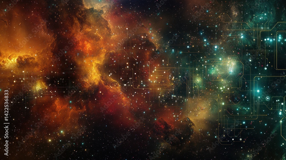 Naklejka premium Cosmic nebulae intertwined with futuristic circuitry.