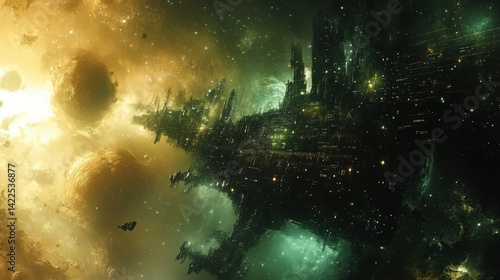 Fototapeta Naklejka Na Ścianę i Meble -  A massive, derelict spaceship floats amidst a nebula.