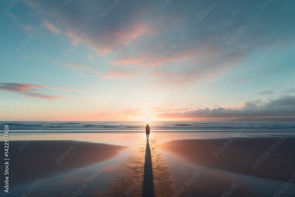 Sunset on beach, lone figure walking along shoreline, vast ocean horizon Sunset on beach, lone figure walking along shoreline, vast ocean horizon