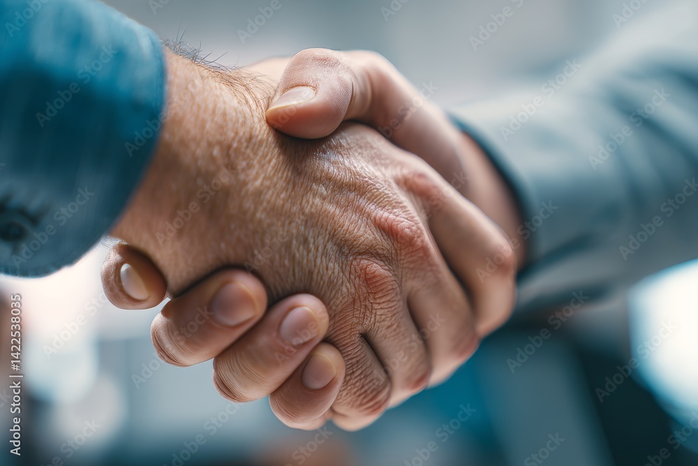 Fototapeta premium Businessman and manager shake hands after contract signing in soft focus photography with blue tones