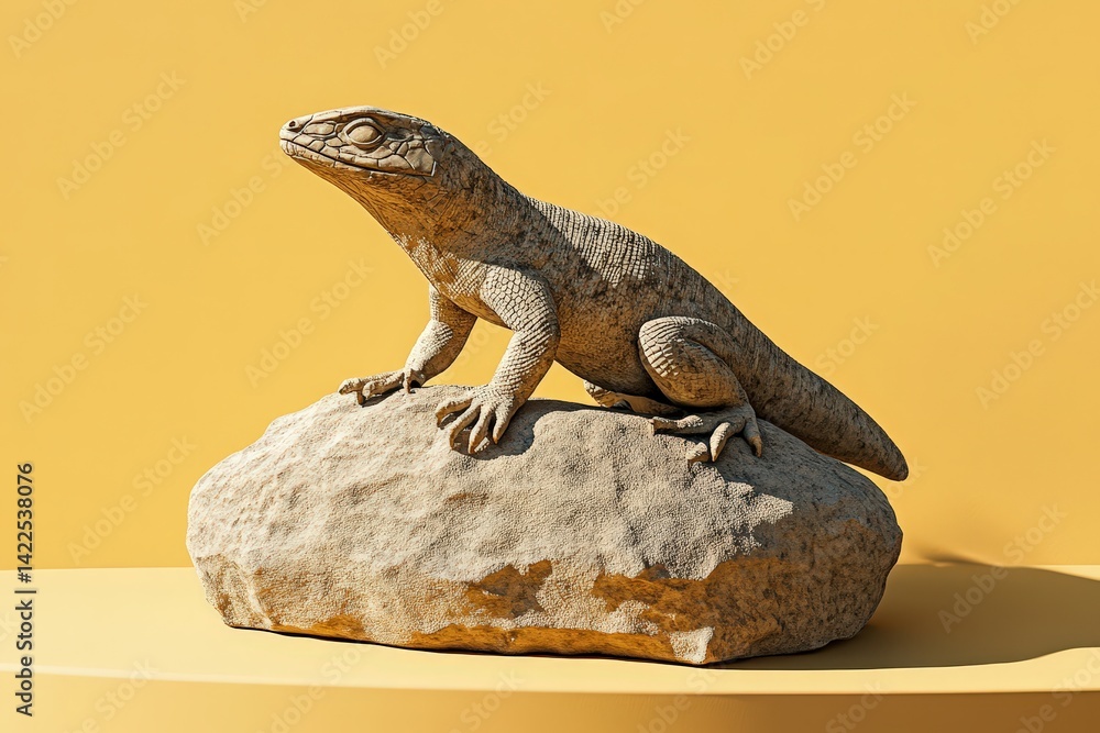Obraz premium Beige lizard sculpture perched atop a textured rock.