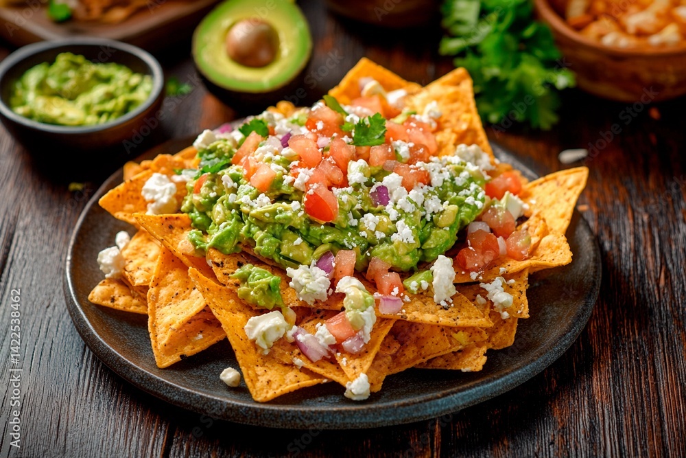 A plate of crispy nachos piled high with fresh guacamole, diced tomatoes, and crumbled cheese is showcased in a cozy setting. The surrounding elements enhance the appetizing display A plate of crispy nachos piled high with fresh guacamole, diced tomatoes, and crumbled cheese is showcased in a cozy setting. The surrounding elements enhance the appetizing display